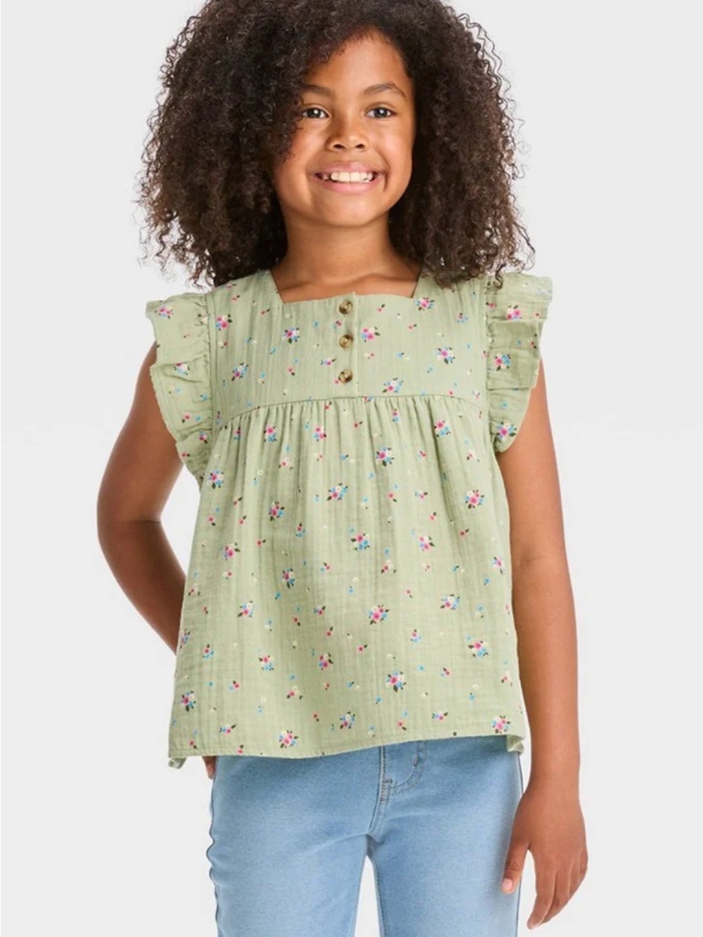 New Girls 100% Cotton Gauzy Green Floral Top